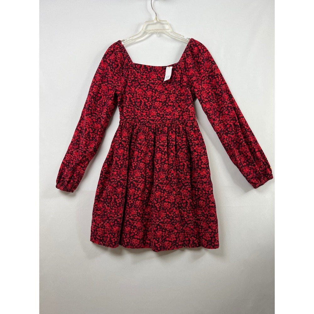 Gap Kids Corduroy Floral Dress Kids XXL Red Long Sleeve Square Neck Fit Flare